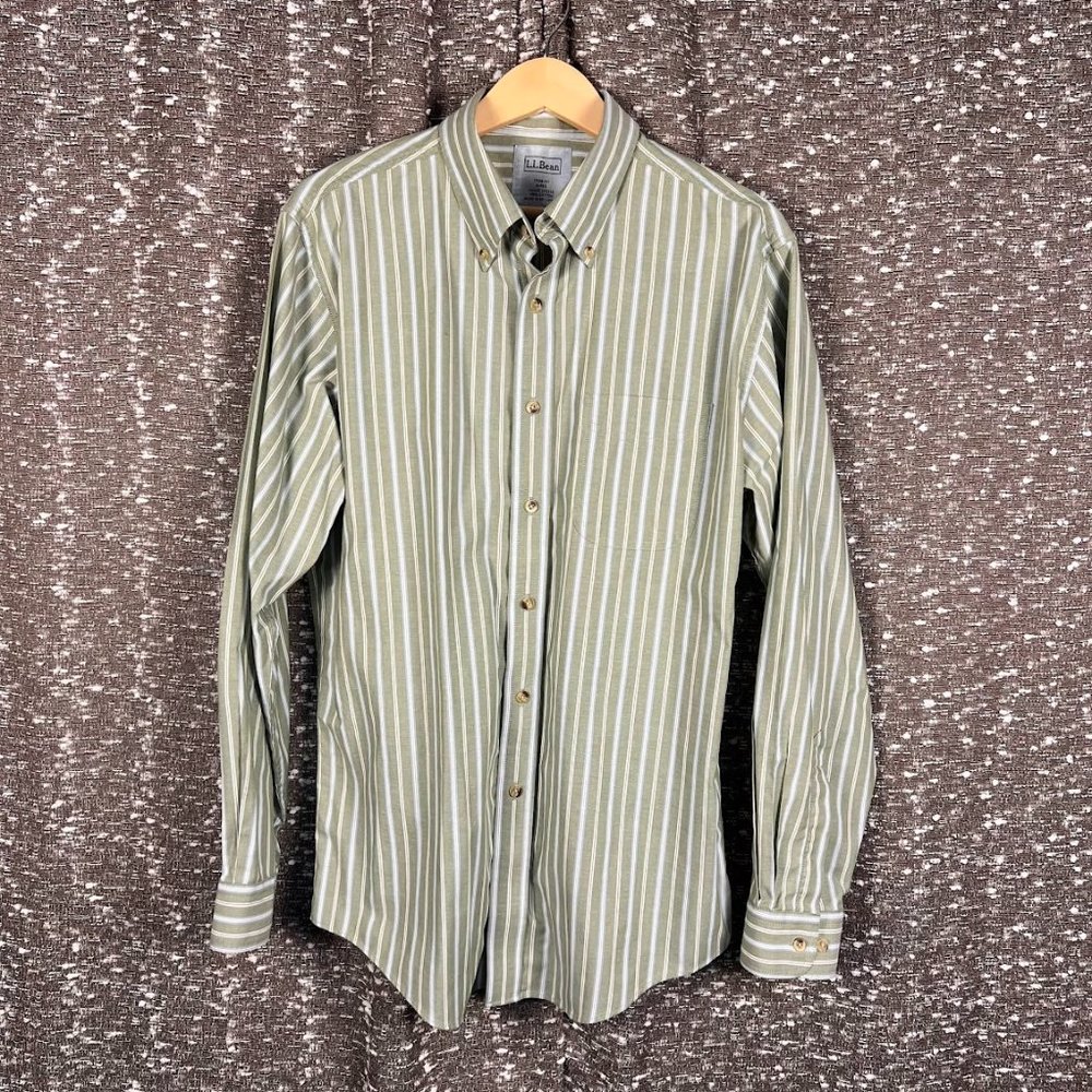 L.L. Bean Green Striped‎ Casual Button Up Shirt